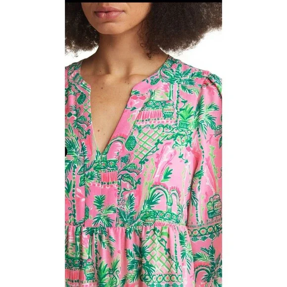 LILLY PULITZER Martine Long Sleeve Dress Small Pink Green Ruffle Tropical  Beach